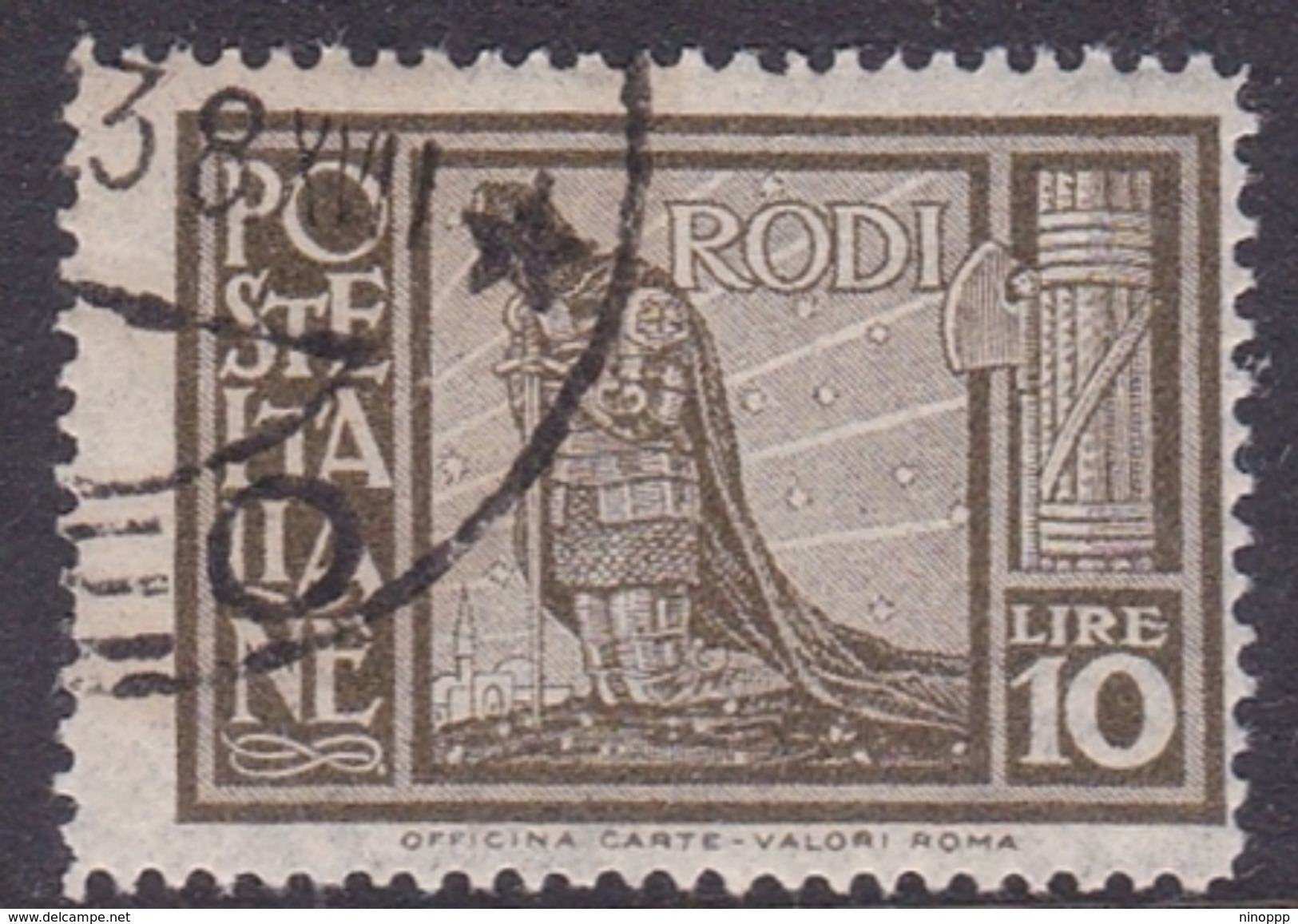 Italy-Colonies And Territories-Aegean General Issue-Rodi S64 1932 Pictorials Perf 14 Lire 10 Olive Used - Emissions Générales
