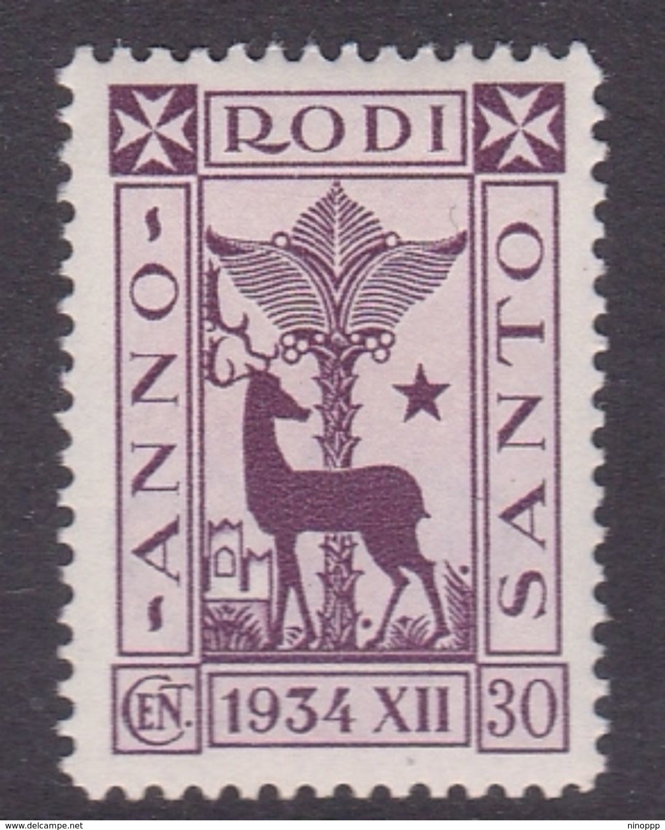 Italy-Colonies And Territories-Aegean General Issue-Rodi S95 1935 Holy Year 30c Lilac MH - Emissions Générales