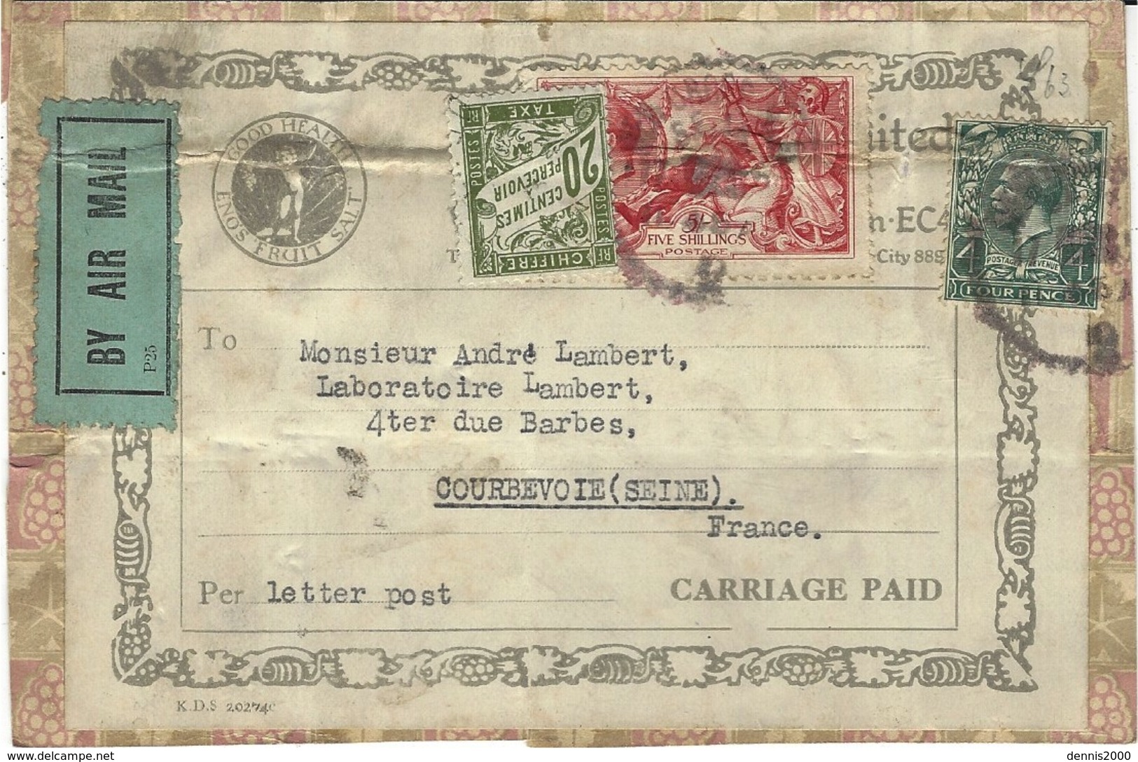 Parcel Label From G B , By Air Mail  To Courbevoie ( Paris ) Fr. 5 S. 4 Pence   French Taxe20 Centimes - Covers & Documents