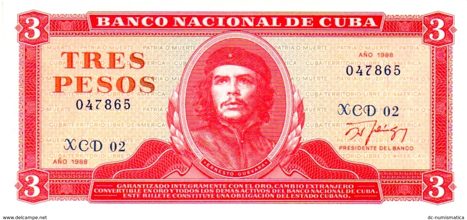 CARIBBEAN CARIBE 3 PesoS 1988 REMPLAZO (XCD 02) CHE  UNCIRCULATED , SCARCE AUTHENTIC AND RARE - Cuba