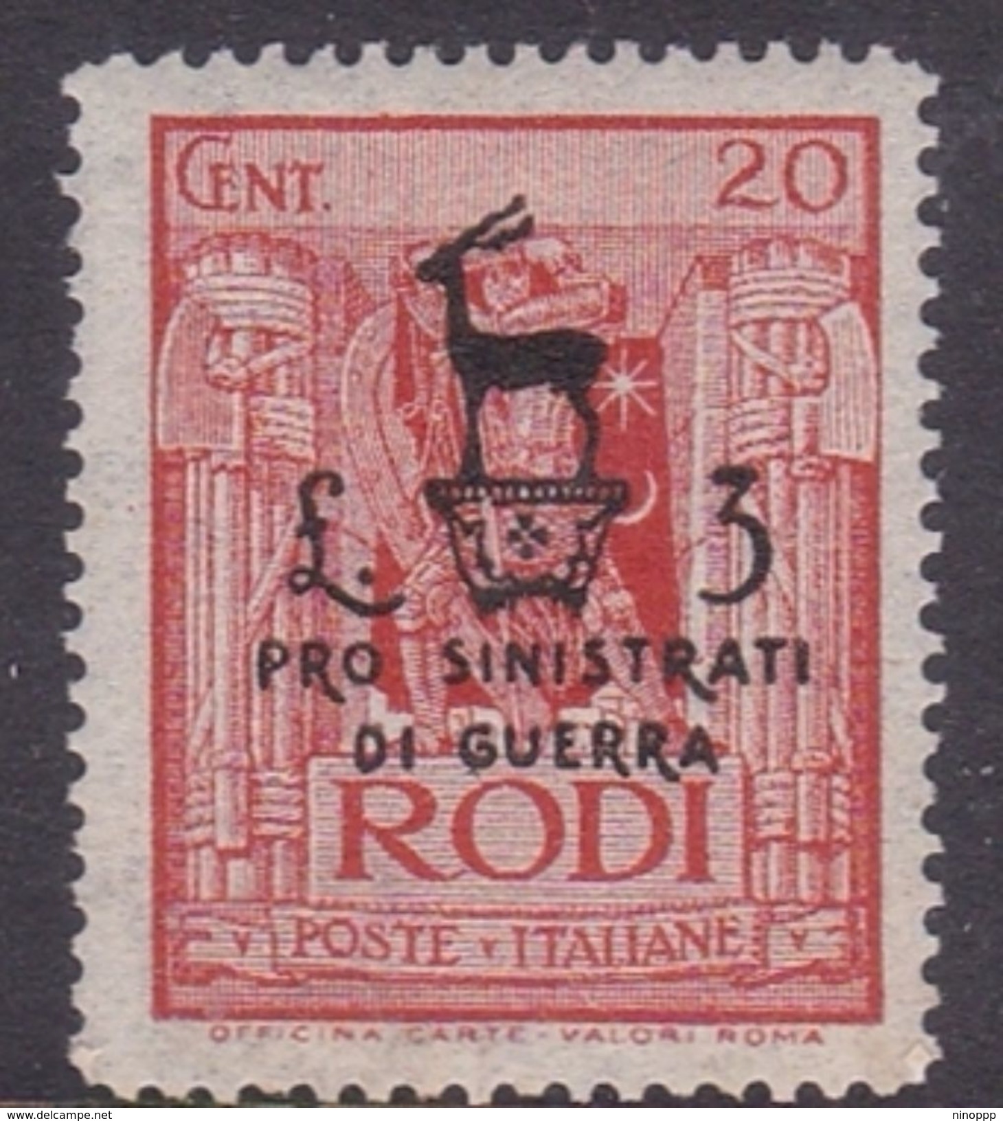 Italy-Colonies And Territories-Aegean General Issue-Rodi S128 1943 Surtax For War Victims,20c+3 Lire Red, MNH - General Issues