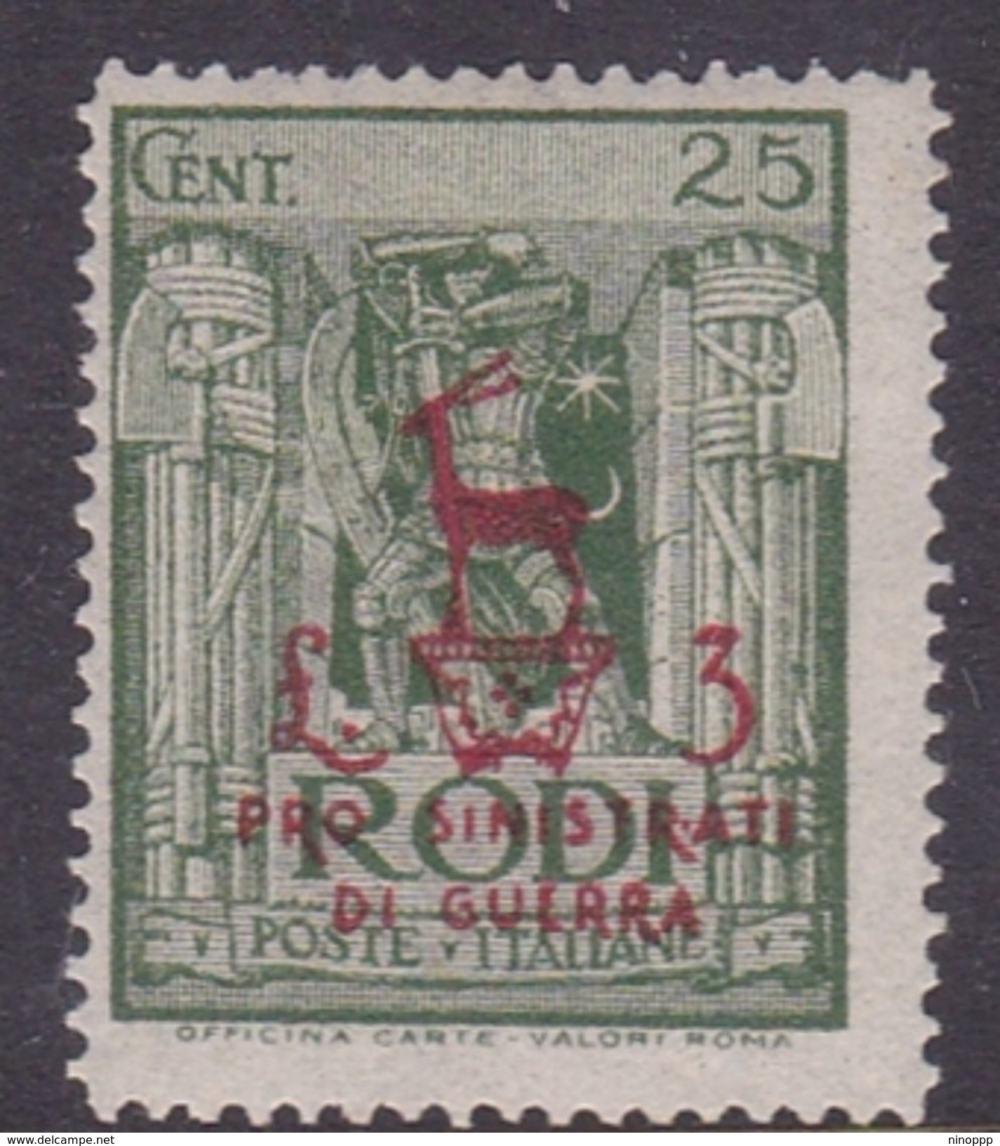 Italy-Colonies And Territories-Aegean General Issue-Rodi S129 1943 Surtax For War Victims,25c+3 Lire Green, MNH - General Issues