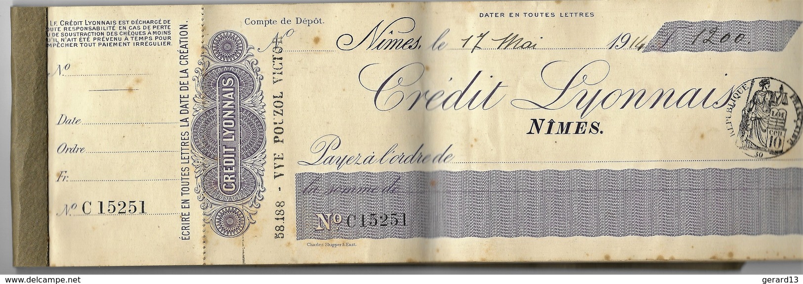 Carnet De 25 Chèques 4 Tirés Credit Lyonnais Nimes 1914 - Chèques & Chèques De Voyage
