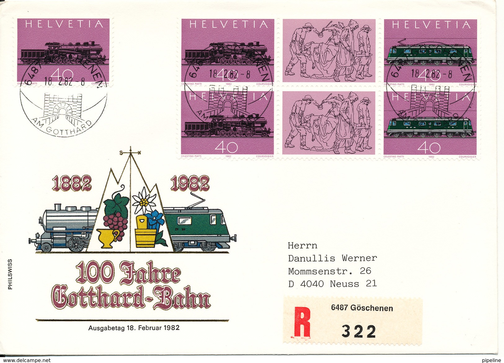 Switzerland Registered FDC 18-2-1982 100 Jahre Gotthard-Bahn Sent To Germany With Cachet - FDC