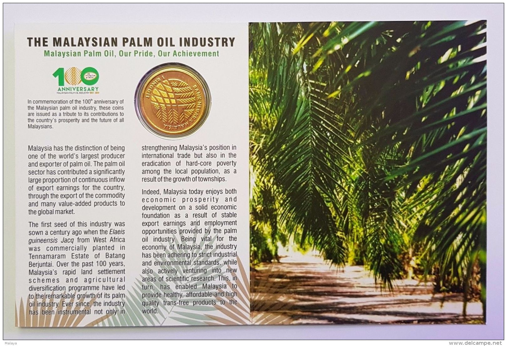 MALAYSIA 2017 100TH ANNIV OF THE MALAYSIAN PALM OIL NORDIC GOLD COIN (B.U.) Plant - Malaysia