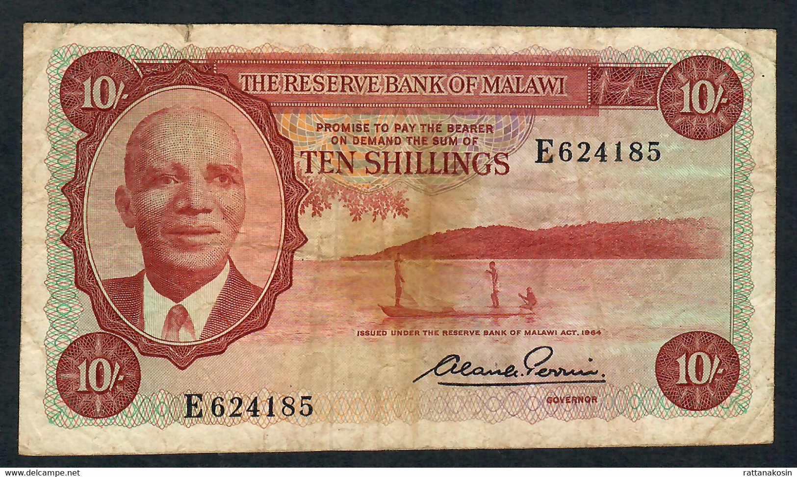 MALAWI P2A 10 SHILLINGS 1964 #E  Signature 1  GOVERNOR       F-VF - Malawi