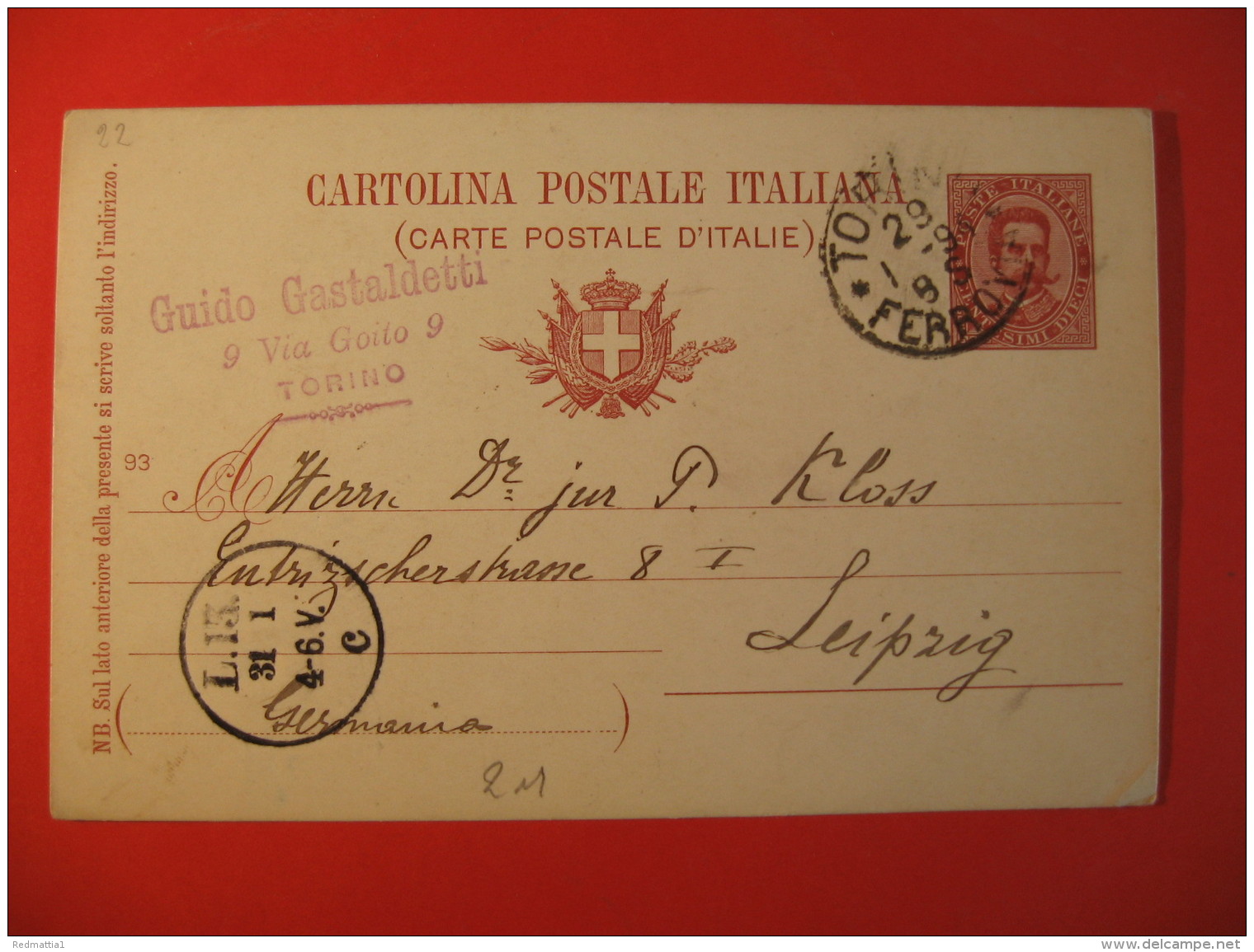 CARTOLINA POSTALE  ITALIANA  1891  TORINO  LEIPZIG  GERMANIA   -  412 - Storia Postale