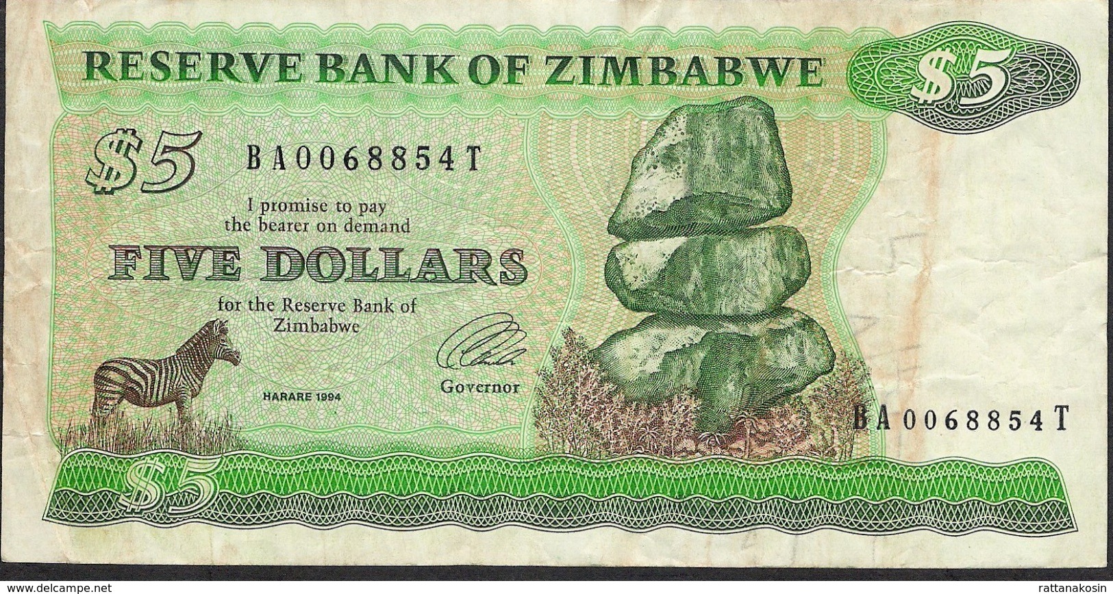 ZIMBABWE P2e 5 DOLLARS 1994 #BA/T  Signature 3 Type B FINE NO P.h. ! - Zimbabwe