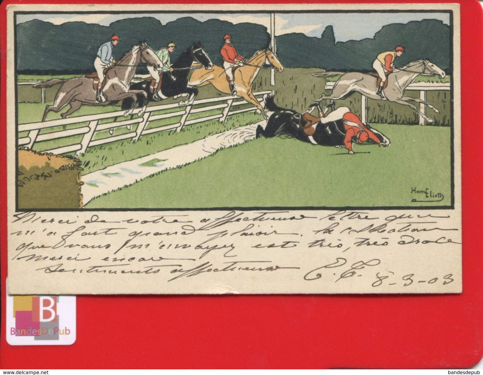 CPA Illustrateur  Harry ELIOTT Sport équitation Saut Obstacle Course Chevaux Haie Chute - Elliot