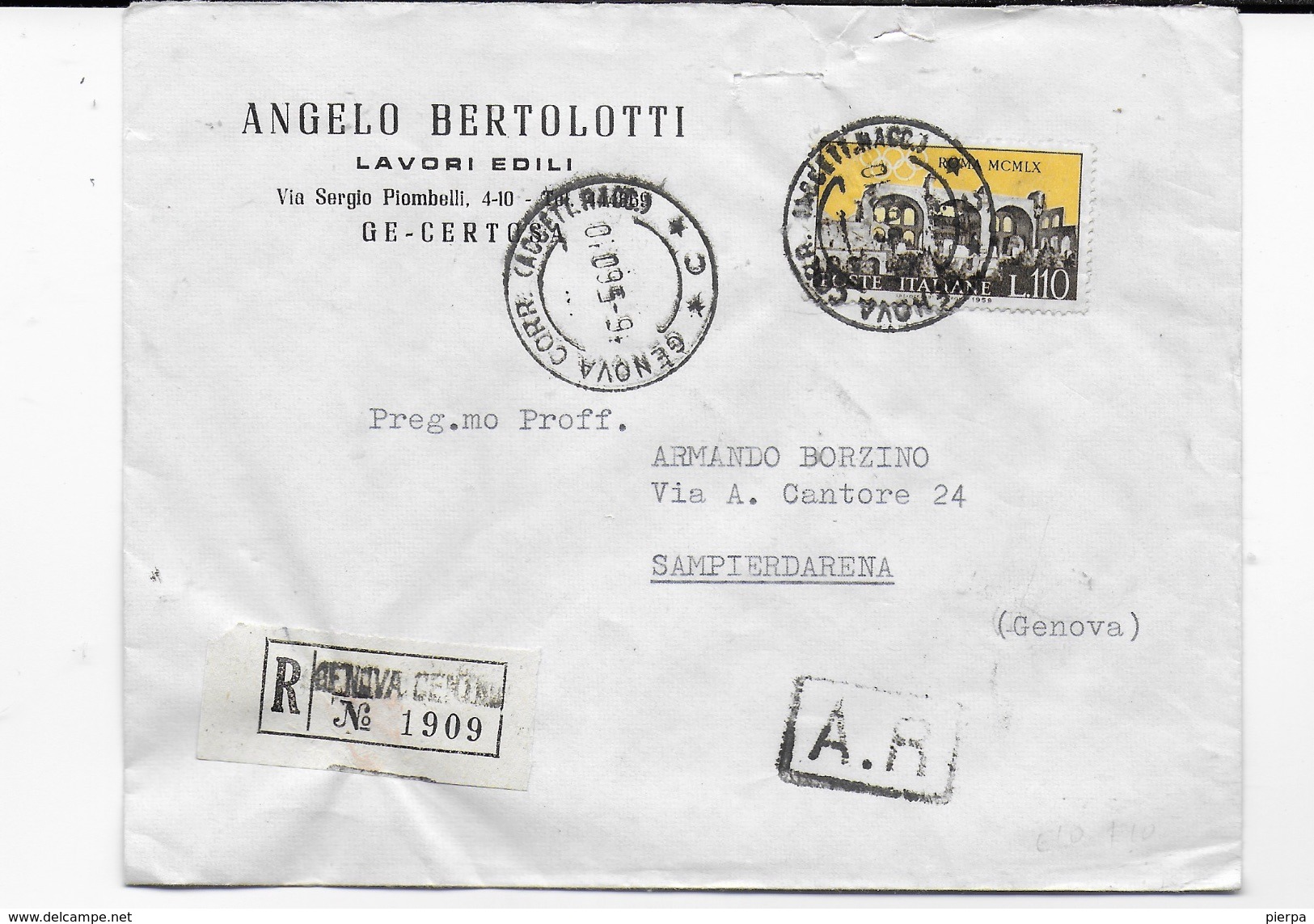 STORIA POSTALE REPUBBLICA - RACCOMANDATA DA GENOVA 06.05.1960  LIRE 110 OLIMPIADI ISOLATO - 1991-00: Poststempel