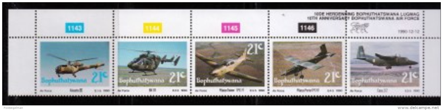 BOPHUTHATSWANA, 1990, Mint Never Hinges Stamps In Control Blocks, MI 252-256, Air Force, X457 - Bophuthatswana