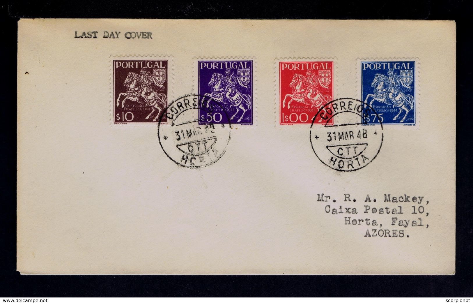 Sp4596 PORTUGAL "Exp.Fil.Portuguesa 44" Cover Set 1948-03-31 Last Day Pmk Horta Azores Courrier Mail Horses Post History - Post