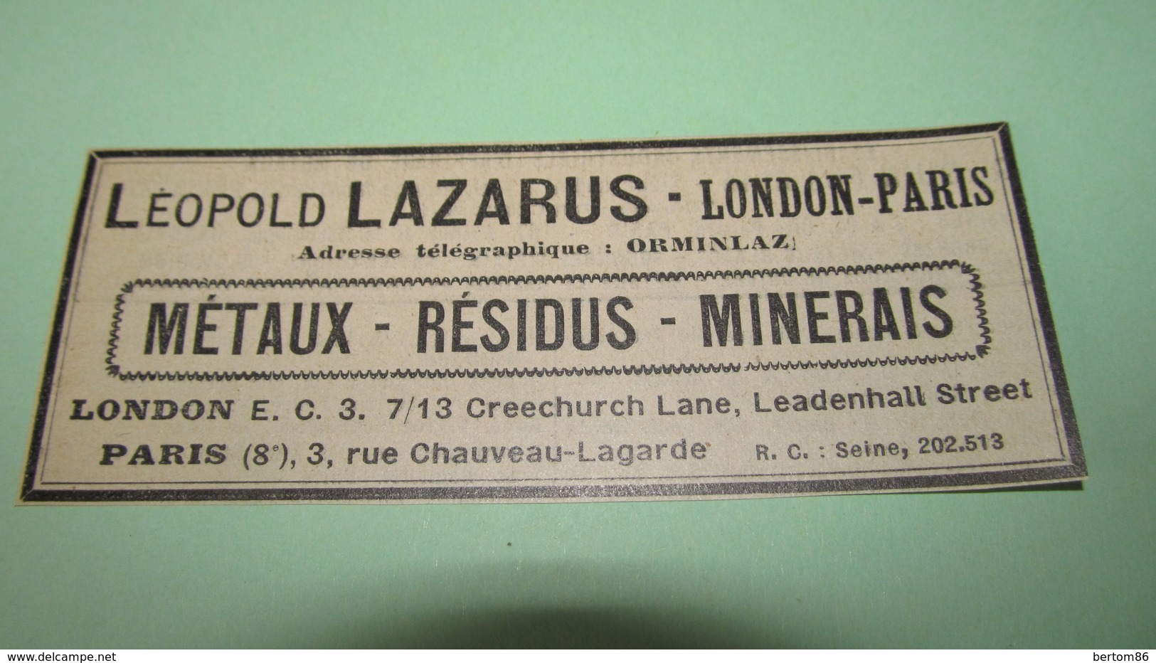 LEOPOLD LAZARUS - LONDON/ PARIS - METAUX - RESIDUS - MINERAIS - PETITE PUBLICITE DE 1925 - Publicidad