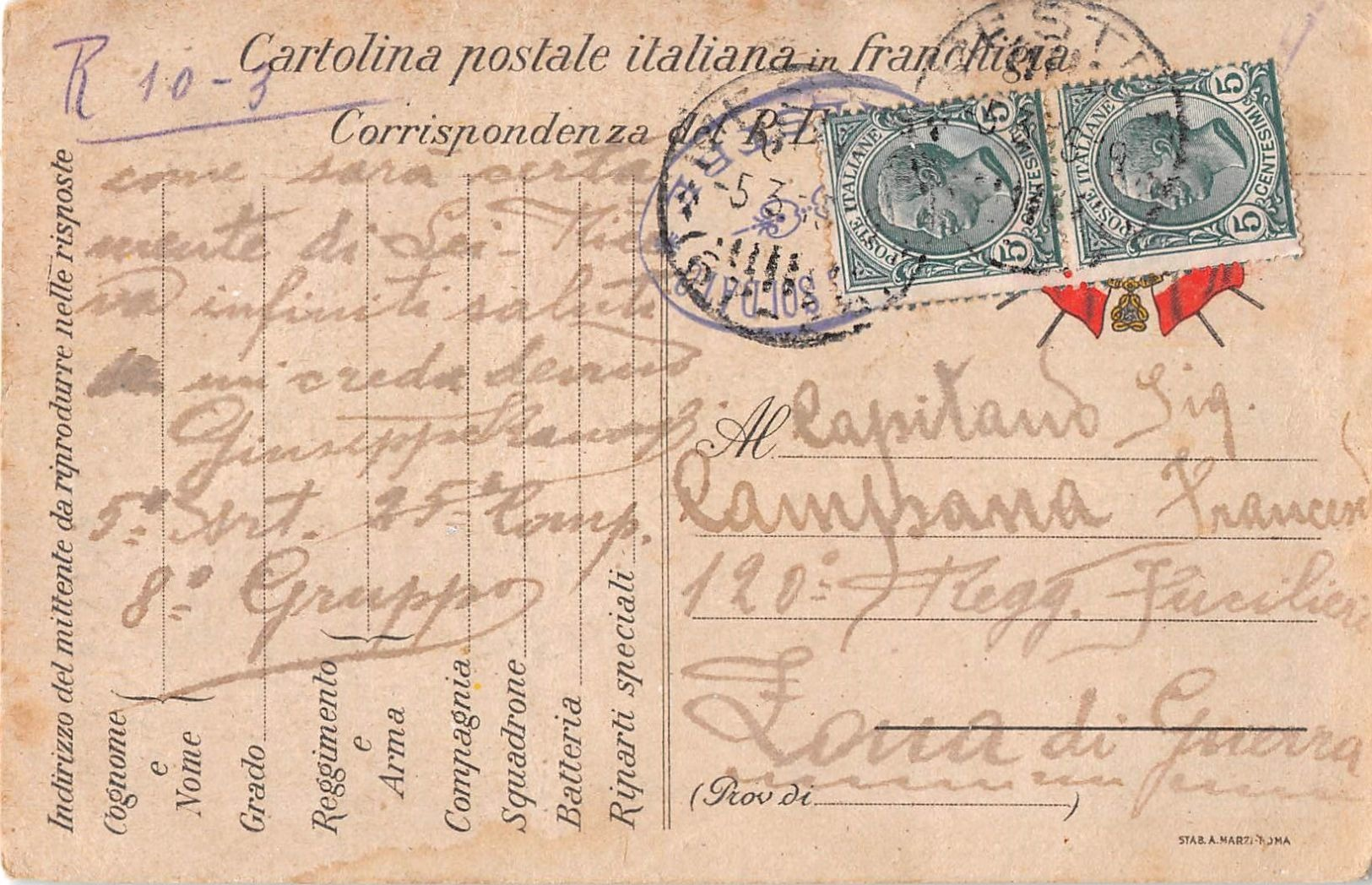 10511 CARTOLINA FRANCHIGIA MESTRE X 120 REGGIMENTO FANTERIA - Colis-postaux