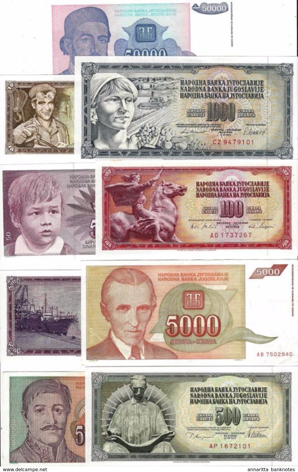 YUGOSLAVIA COLLECTION OF 9 DIFFERENT UNC PCS - Yugoslavia