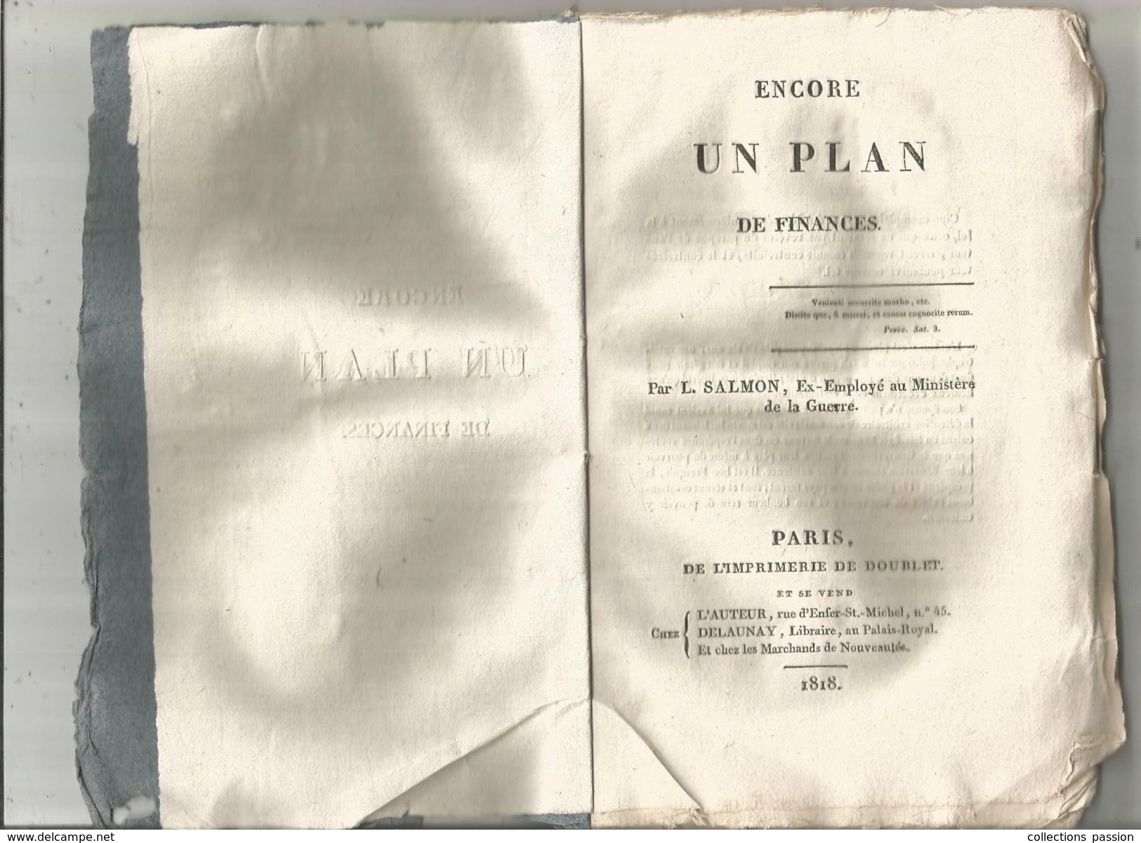 Décrets & Lois , ENCORE UN PLAN DE FINANCES , Par L. Salmon  , 1818 , 60 Pages , Frais Fr : 2.70 Euros - Decreti & Leggi