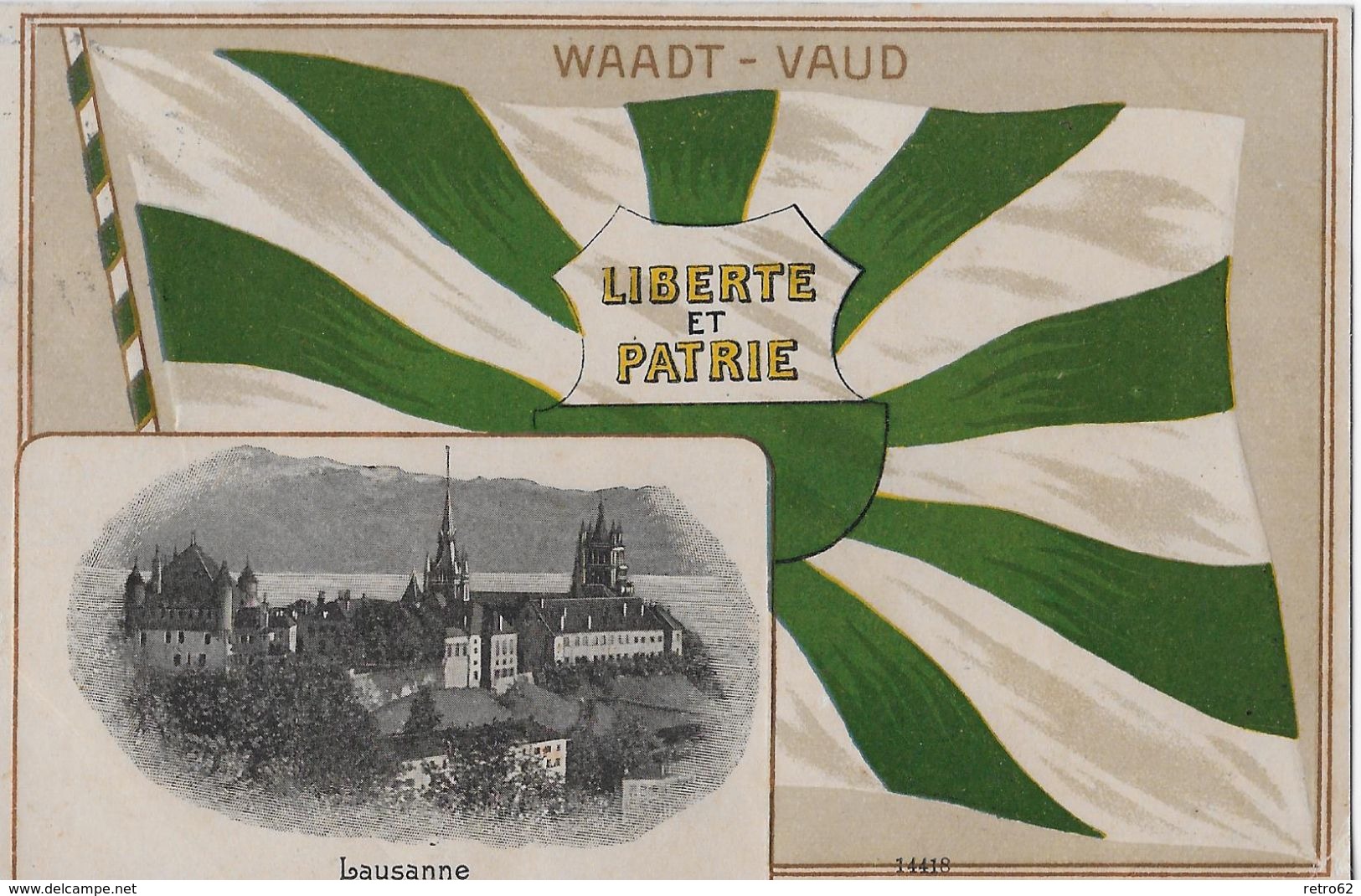 LAUSANNE &rarr; Banner-Karte Liberte Et Patrie Anno 1909  &#x25BA;Balkenstempel CULLY&#x25C4; - Cully