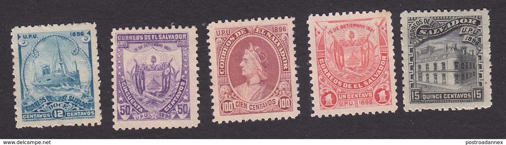 El Salvador, Scott #164, 169, 170, 170A, 170G Reprints, Mint Hinged, Steamship, Arms, Columbus, Post Office, Issued 1897 - El Salvador