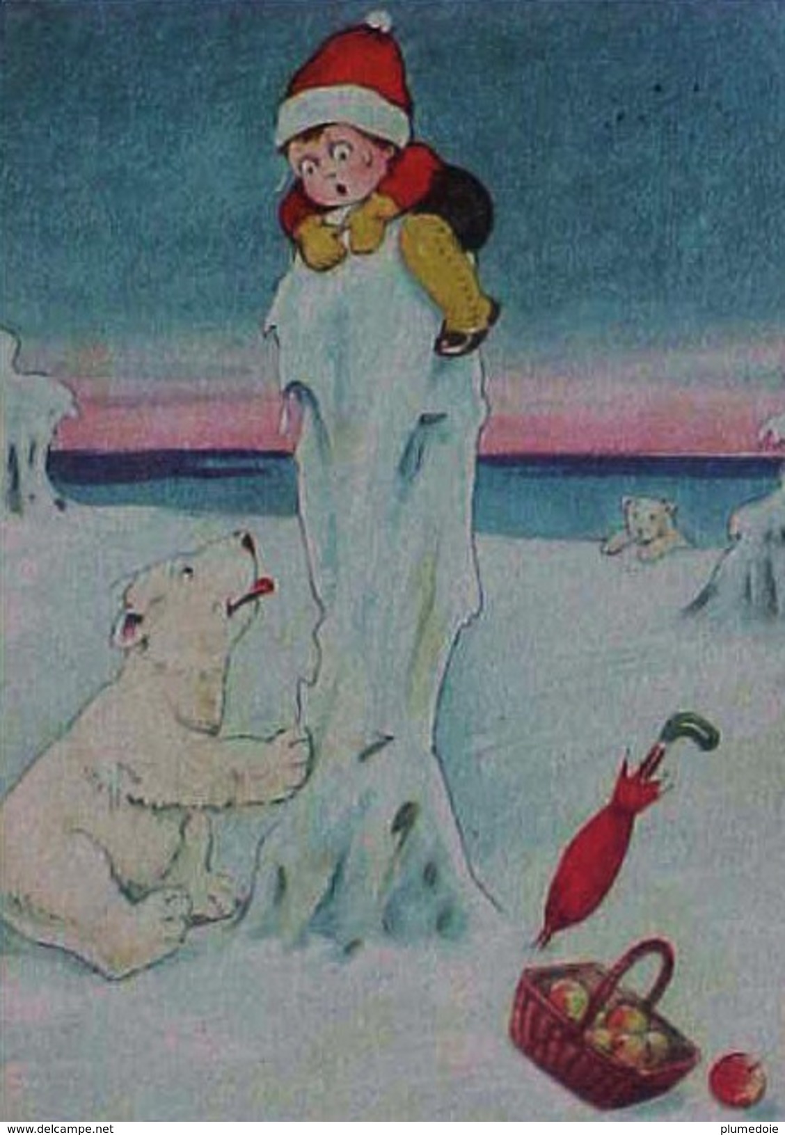 Cpa HUMOUR  ENFANT SUR LA BANQUISE , OURS POLAIRE  , Panier POMMES Parapluie  1955 CHILD & POLAR BEAR COMIC - Cartes Humoristiques