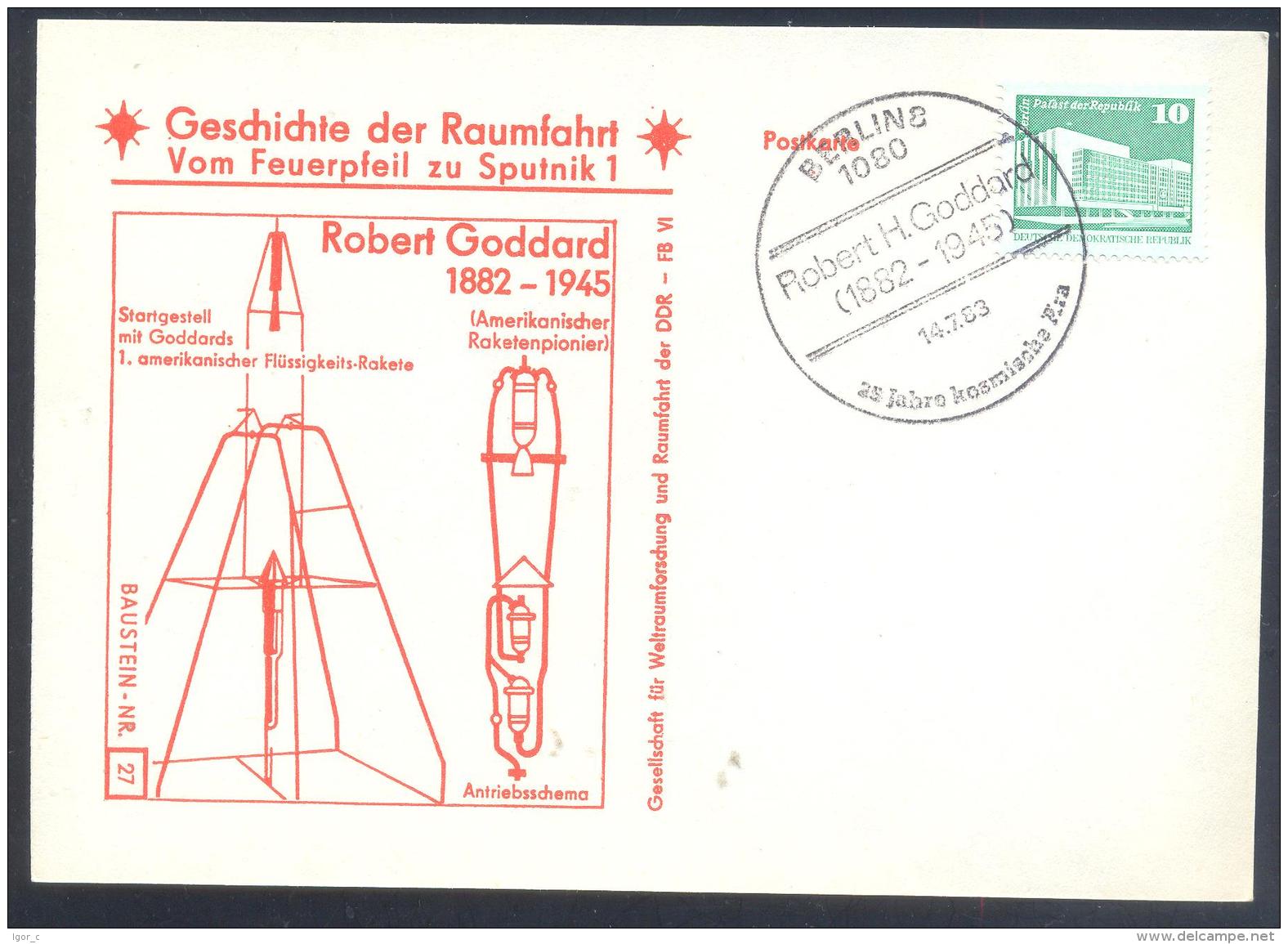 Germany DDR Card: Space Weltraum Espace: History Of Space Flights 27/50 Robert Goddart Rocket Peoneer - Europa