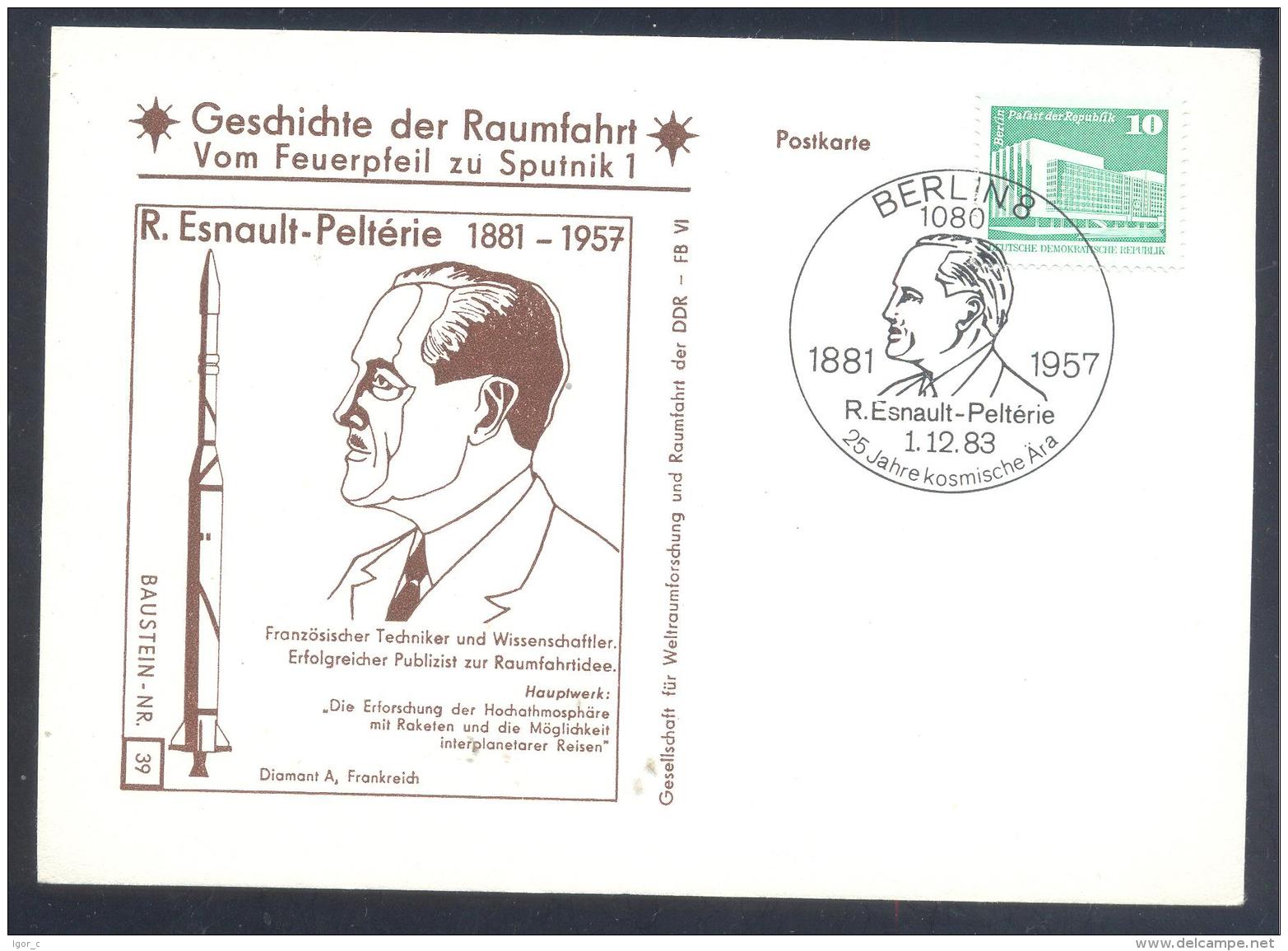 Germany DDR Card: Space Weltraum Espace: History Of Space Flights 39/50; R. Esnault - Pelterie; Diamant A Rocket - Europa