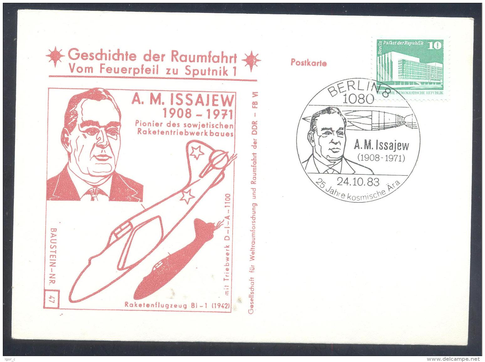 Germany DDR Card: Space Weltraum Espace: History Of Space Flights 47/50; A.M. IssajewM Rocket Pioneer; BI-1 - Europe