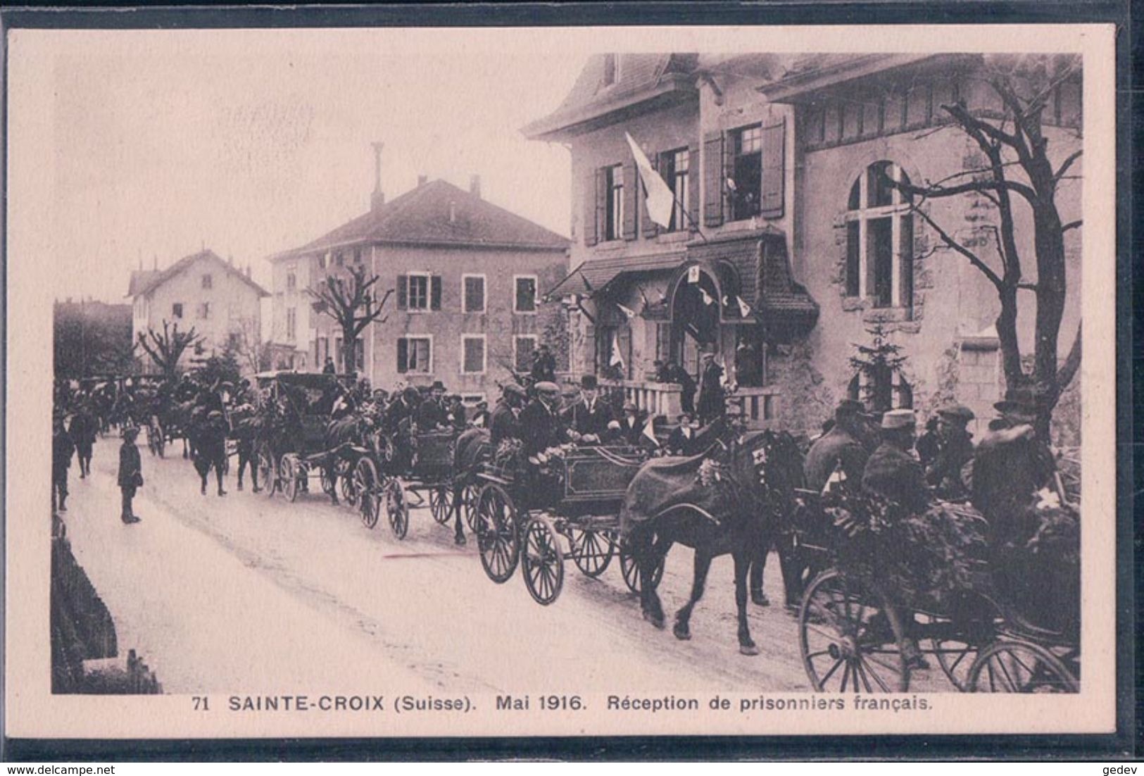 Guerre 14-18, Sainte-Croix Suisse, Reception De Prisonniers Français En 1916, Attelages (71) - War 1914-18