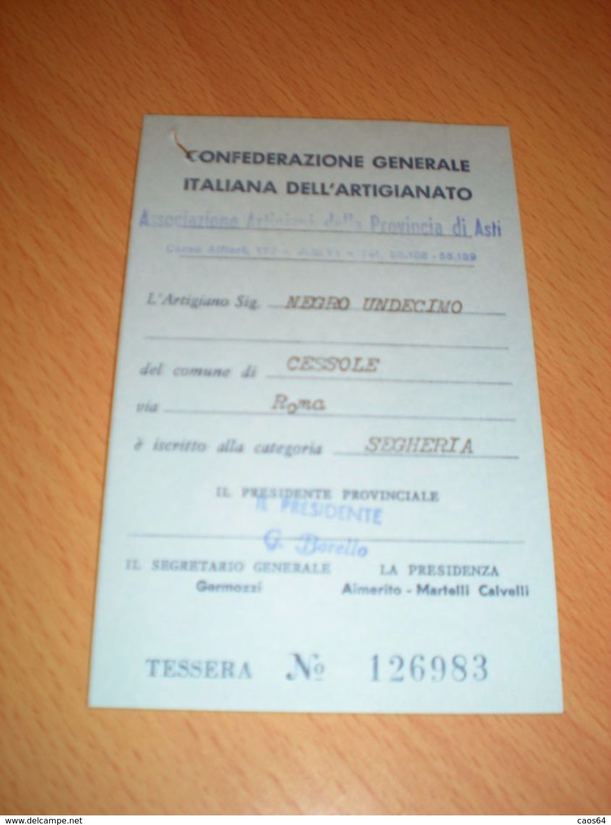 TESSERA CONFEDERAZIONE GENERALE ITALIANA DELL'ARTIGIANATO 1973 - Tessere Associative