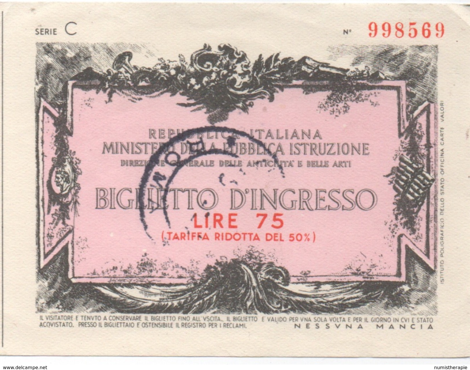 Italie : Ancien Billet D'Entrée Aux Musées : Lire 75 (tarif Réduit à 50%) - Toegangskaarten