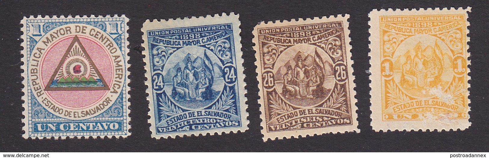 El Salvador, Scott #175, 185-186, 188 Reprints, Mint Hinged, Arms, Allegory Of Central American Union, Issued 1897-98 - El Salvador