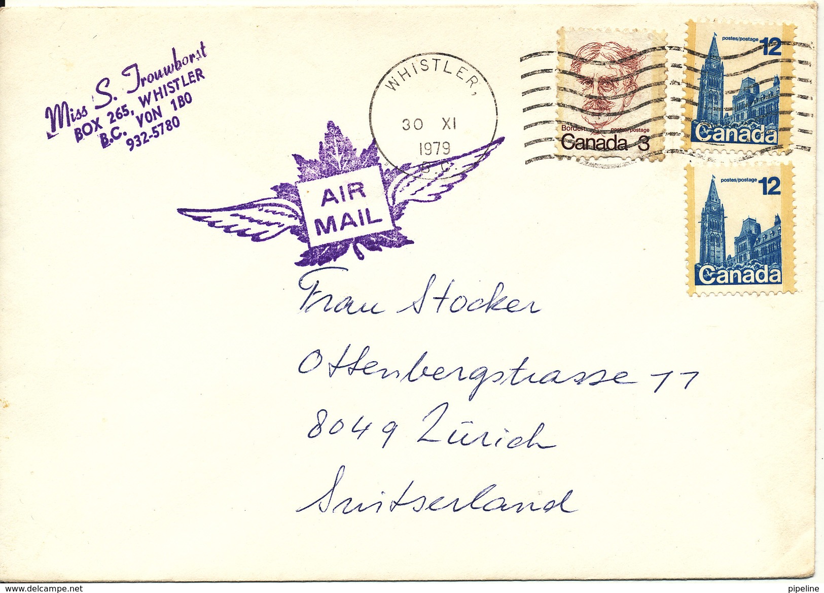 Canada Cover Sent Air Mail To Switzerland Whistler 30-11-1979 - Covers & Documents