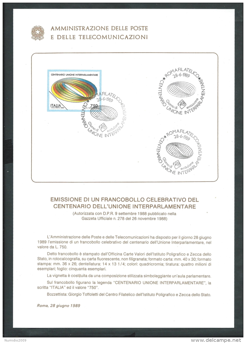 1989 ITALIA BOLLETTINO ILLUSTRATIVO N. 14 UNIONE INTERPARLAMENTARE - Altri & Non Classificati