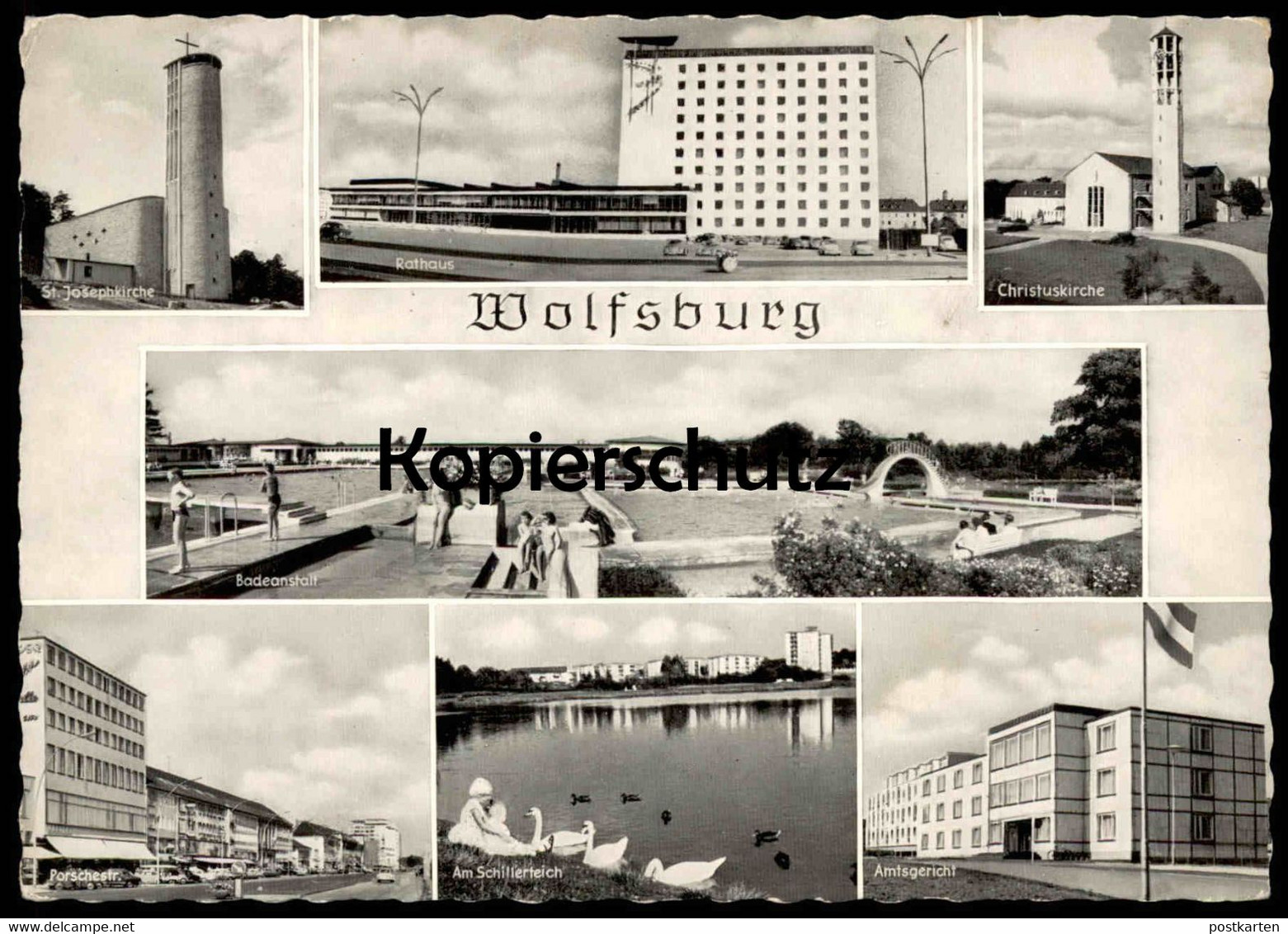ÄLTERE POSTKARTE WOLFSBURG ST. JOSEPHSKIRCHE RATHAUS CHRISTUSKIRCHE BADEANSTALT PORSCHESTRASSE SCHILLERTEICH AMTSGERICHT - Wolfsburg