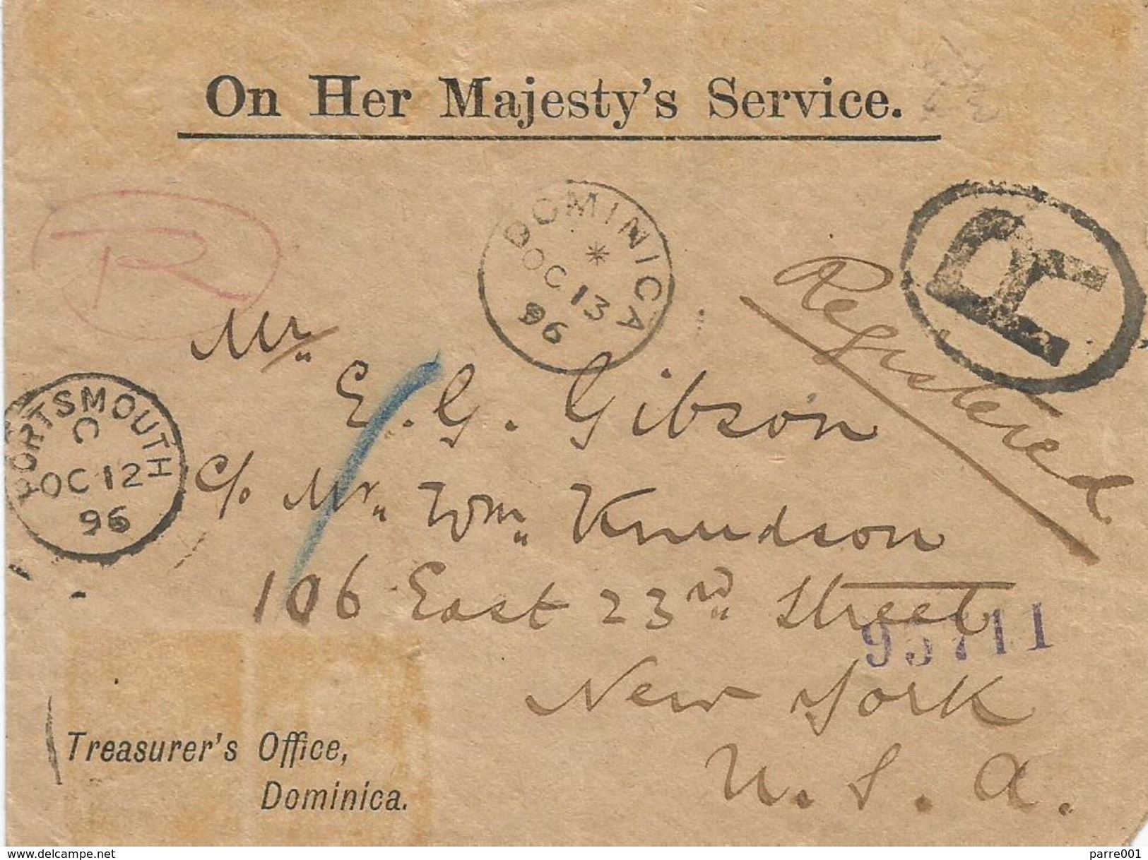 Dominica 1896 Unfranked Registered Official OHMS Covervia Portsmouth To USA - Dominica (1978-...)