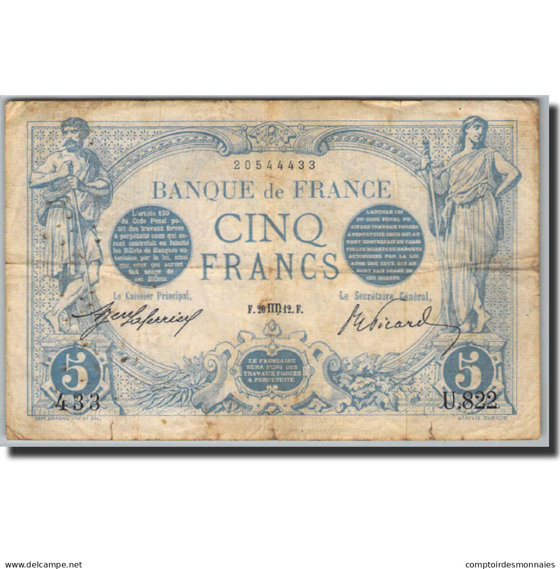 Billet, France, 5 Francs, 5 F 1912-1917 ''Bleu'', 1905, 1912-08-20 - 5 F 1912-1917 ''Bleu''