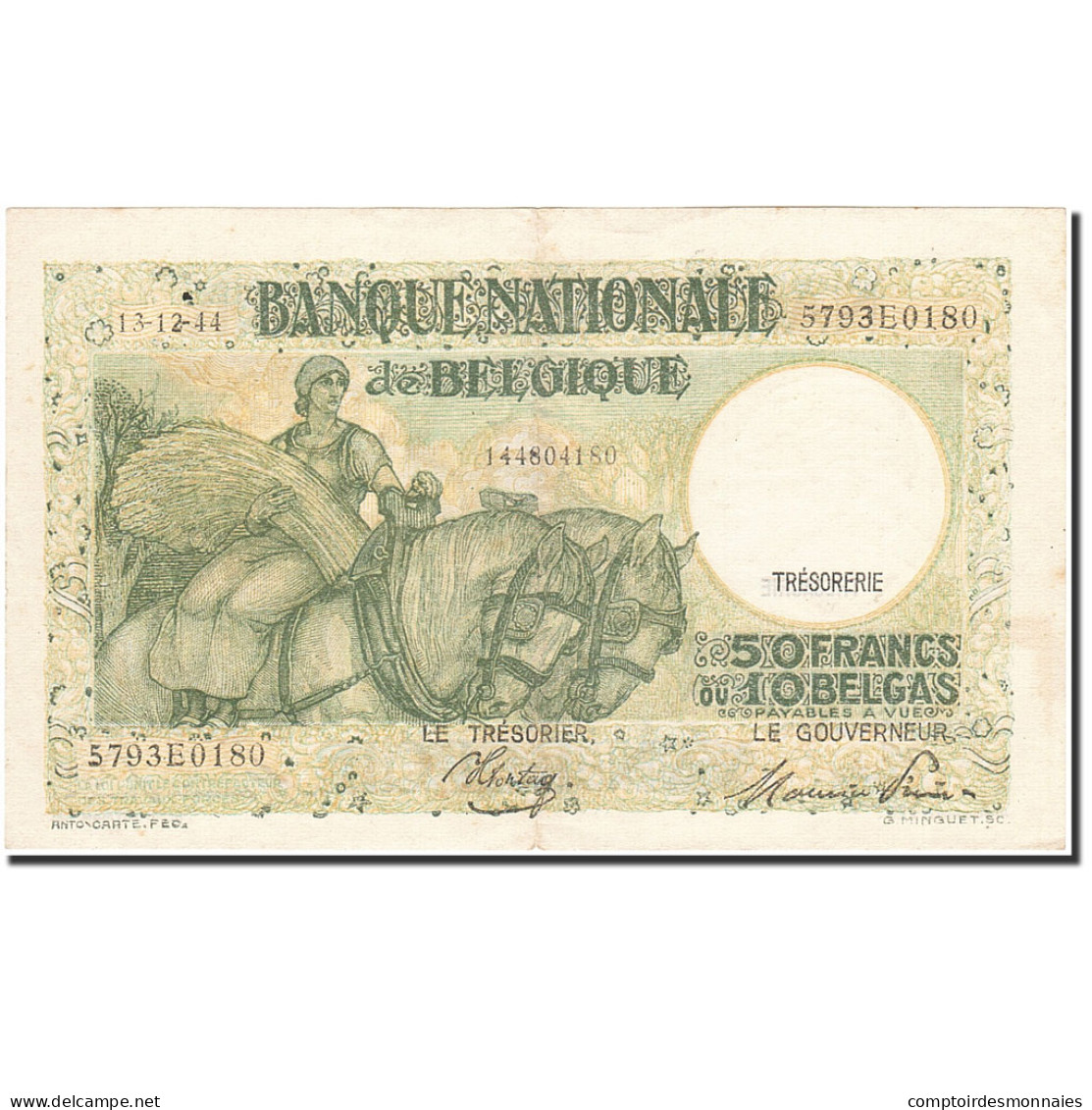 Billet, Belgique, 50 Francs-10 Belgas, 1933-1935, 1944-12-13, KM:106, TTB - 50 Francs-10 Belgas