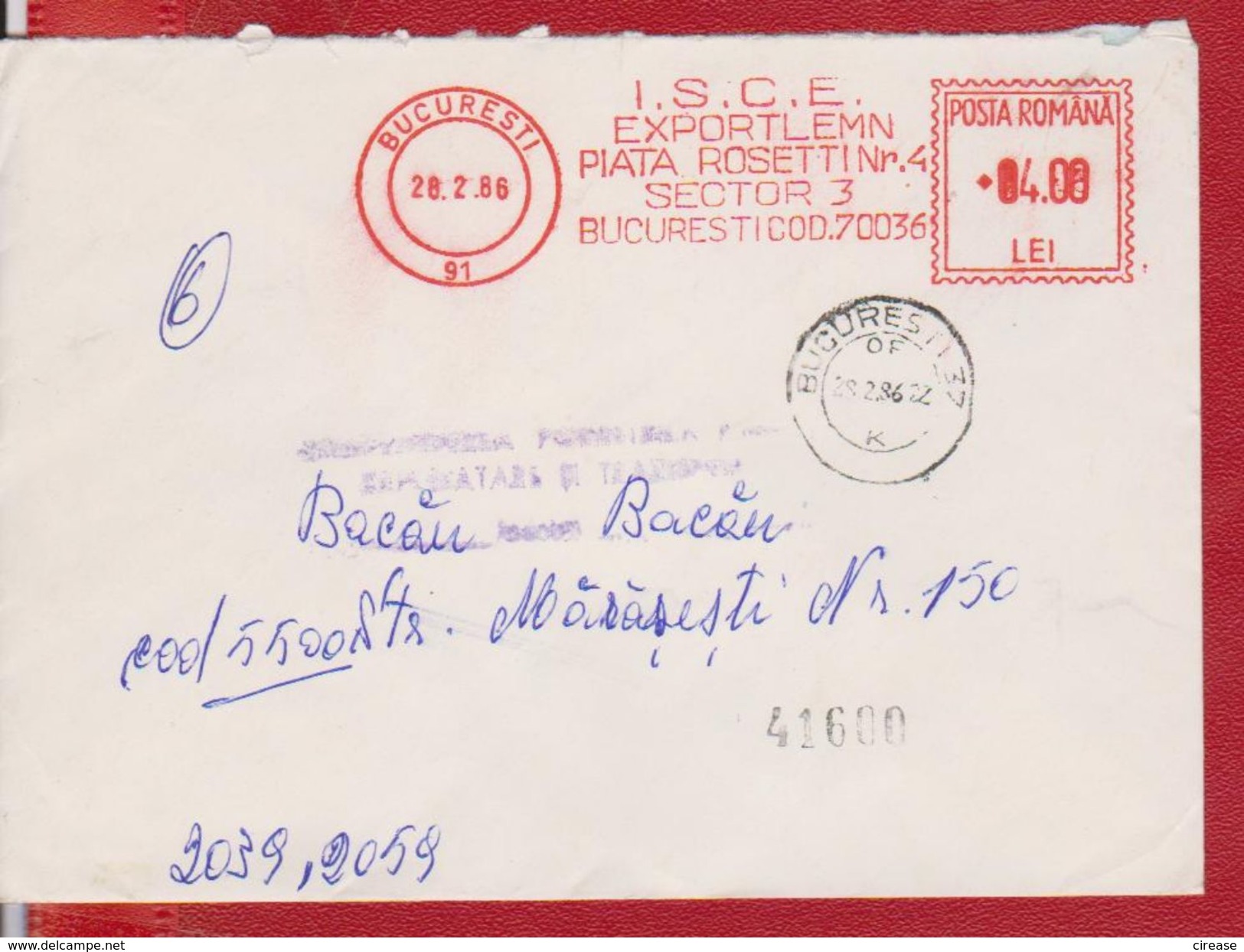 POSTAL HISTORY COVER, WITH MACHINE RED STAMP EXPORT WOOD FOREST TREE ROMANIA COVER - Timbres De Distributeurs [ATM]