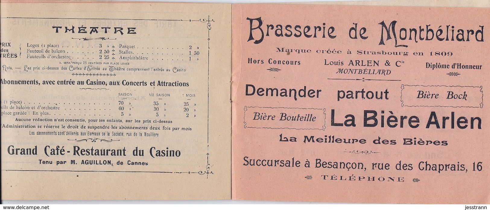 ART NOUVEAU-BESANCON- PROGRAMME DU CASINO DE LA MOUILLERE ILLUSTRE PAR GEORGON-  PUBS DONT BRASSERIE DE MONTBELIARD - Programma's