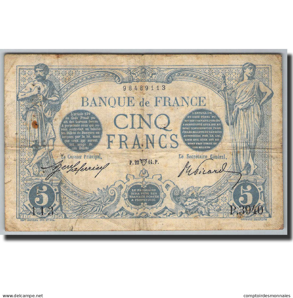 Billet, France, 5 Francs, 5 F 1912-1917 ''Bleu'', 1905, 1914-04-22 - 5 F 1912-1917 ''Bleu''