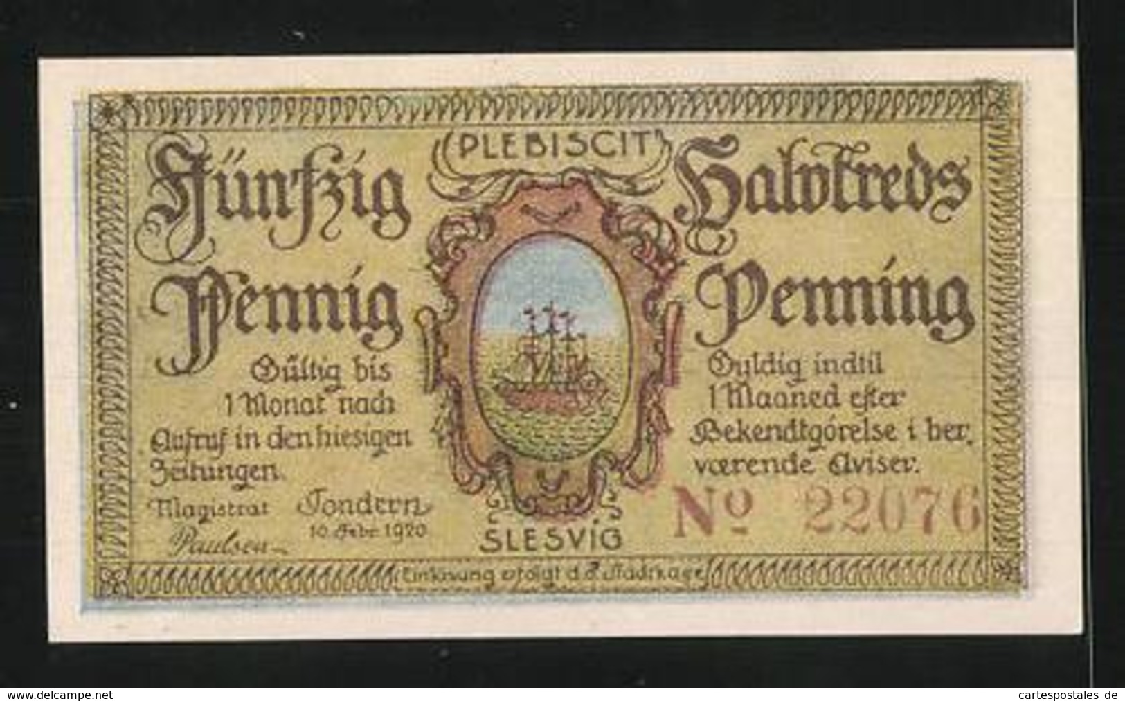 Notgeld Tondern 1920, 50 Pfennig, Stadtwappen, Bauer Mit Rindern - Denmark