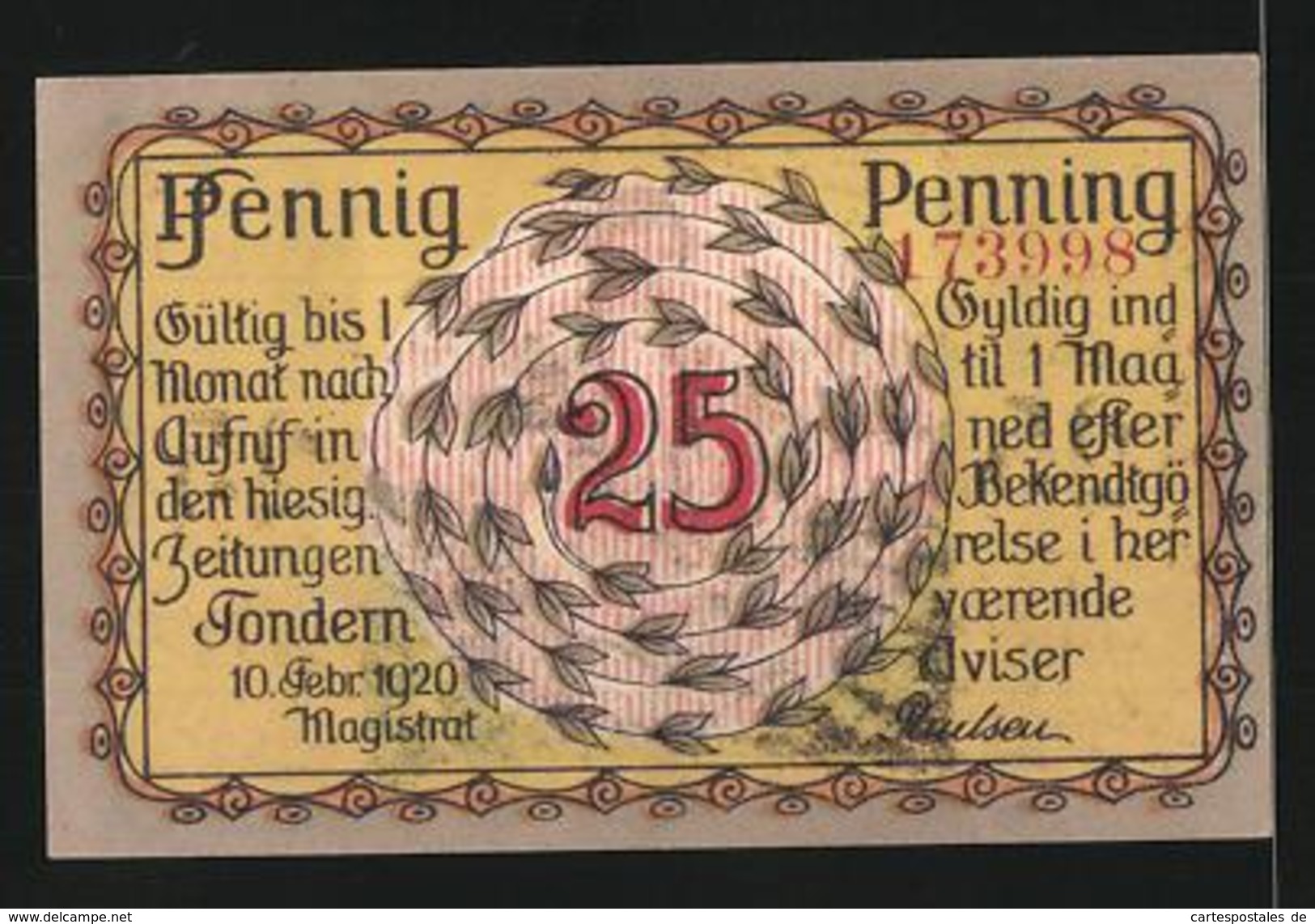 Billet De Nécessité Tondern 1920, 25 Pfennig, Fräulein Avec Goldenen Horn - Danemark