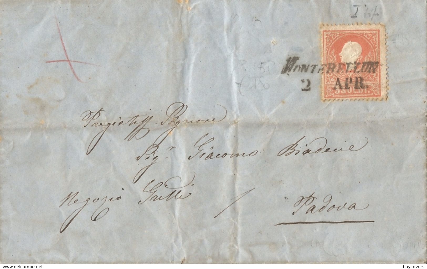 LV157- LOMBARDO VENETO- Lettera Del 2 Aprile 1860 Da Montebelluna A Padova , Con 5 Soldi Rosso  1° Tipo Leggi ... - Lombardo-Veneto