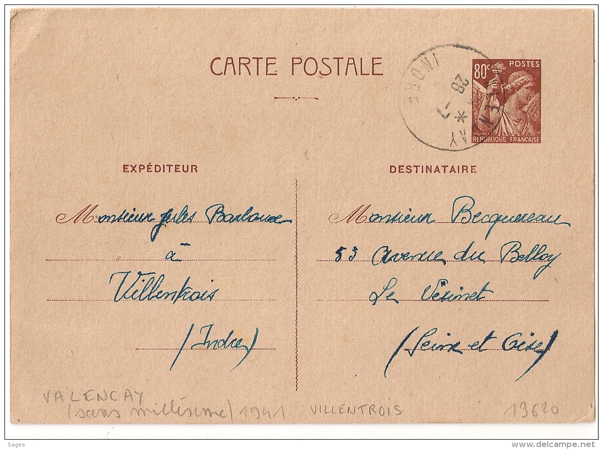 Ecrite De VILLENTROIS, VALENCAY Indre Bloc Dateur SANS Millésime (1941) Sur Carte IRIS. - 1921-1960: Modern Period