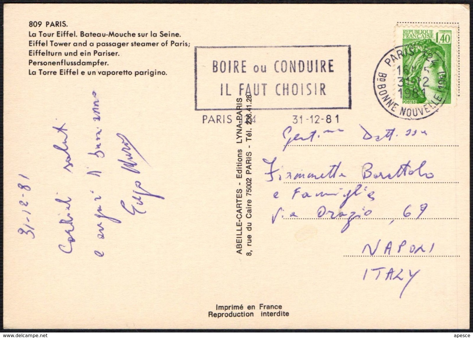 FRANCE PARIS 1981 - BOIRE OU CONDUIRE / IL FAUT CHOISIR - CARTE POSTALE TOUR EIFFEL - Sonstige & Ohne Zuordnung