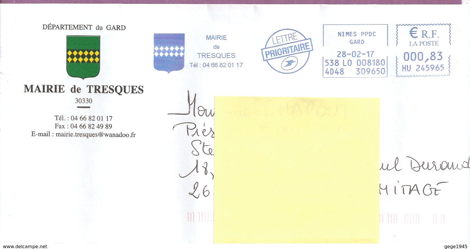 Lettre  "  Mairie De Tresques  - 30 - ( Gard )  Daté Du 28 - 02 - 2017 - Covers & Documents