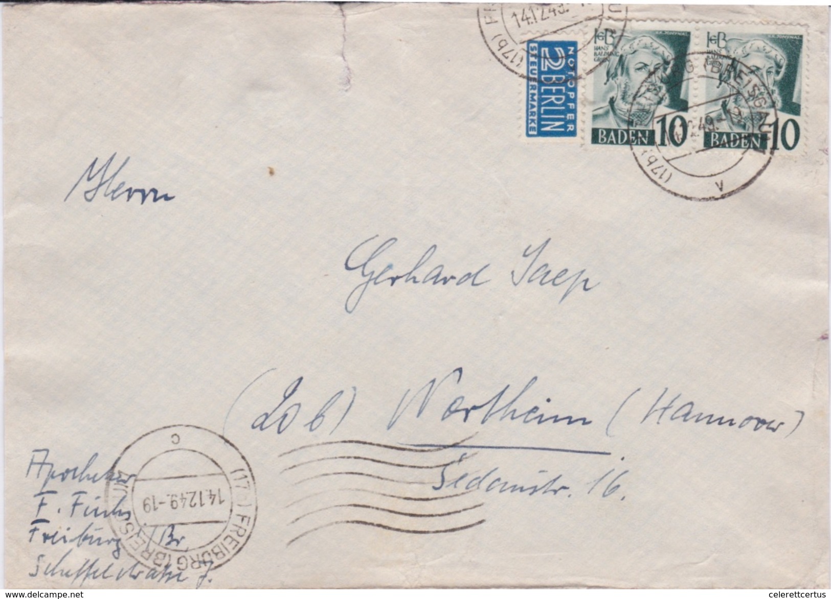 Baden-1949 French Zone 20 (Pf) Plus Berlin 2 Tax Stamp Freiburg Letter Cover To Northeim - Altri & Non Classificati