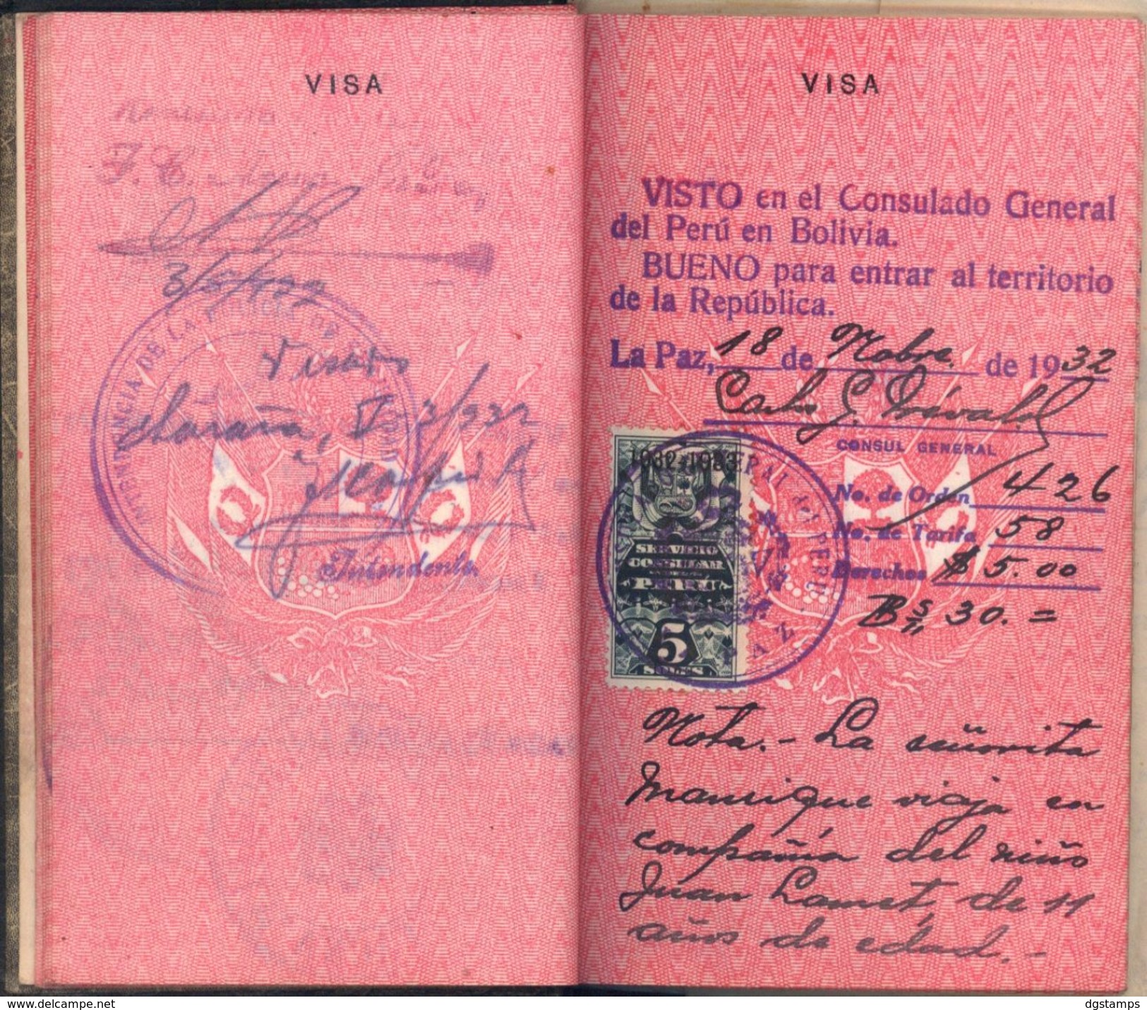 Bolivia-Peru 1928-1938 Pasaporte peruano en La Paz. 26 sellos. 17sc. See desc.