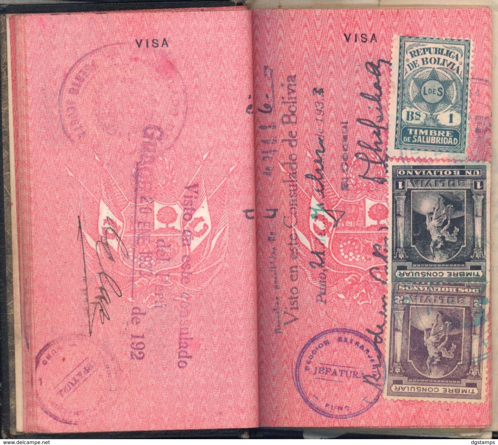 Bolivia-Peru 1928-1938 Pasaporte peruano en La Paz. 26 sellos. 17sc. See desc.