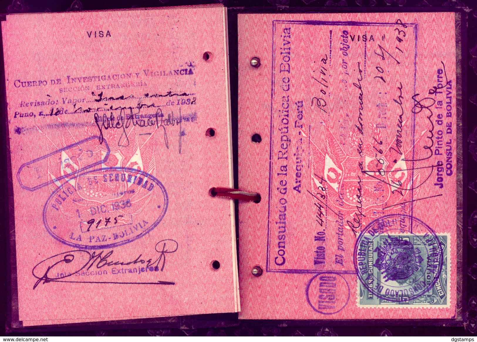 Bolivia-Peru 1928-1938 Pasaporte peruano en La Paz. 26 sellos. 17sc. See desc.