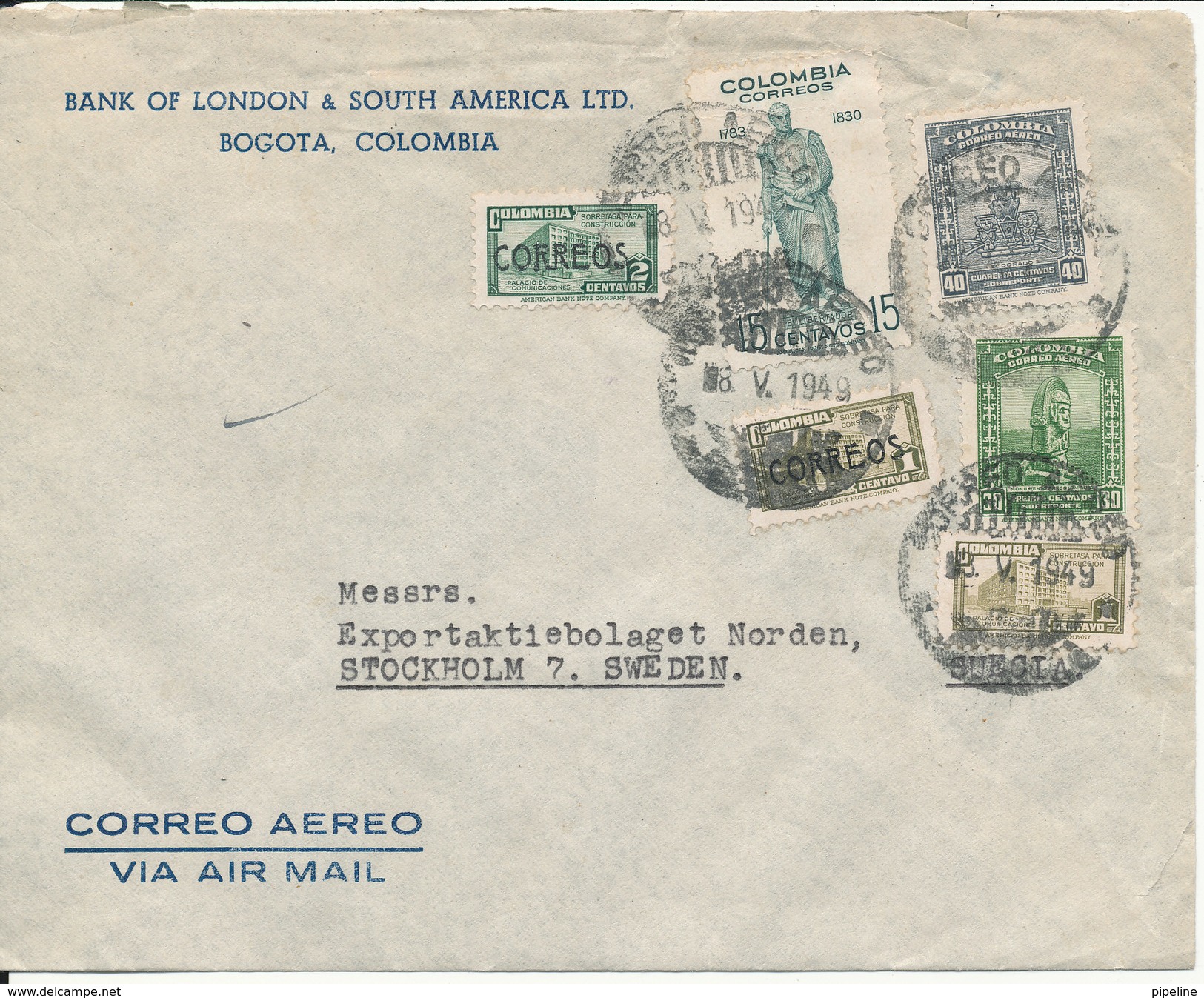 Colombia Air Mail Cover Sent To Sweden 18-5-1949 - Colombia